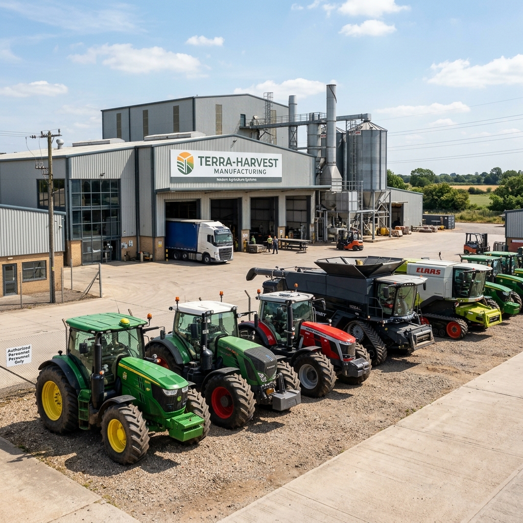 High-tech industrial landscape showing various agricultural and construction machinery